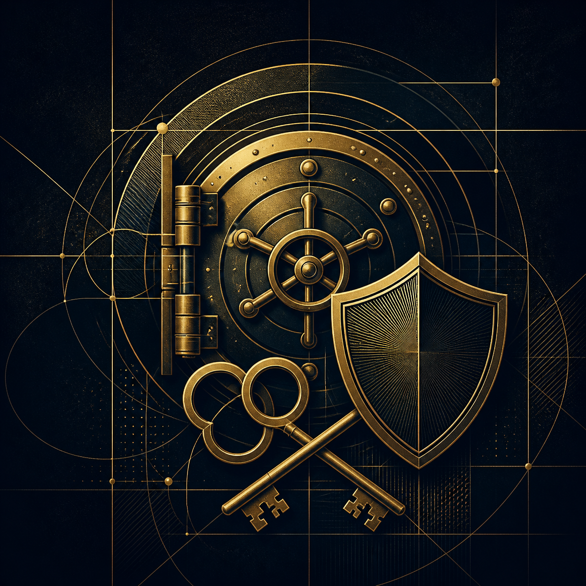 Abstract gold line illustration of a vault door, shield and keys representing confidentiality